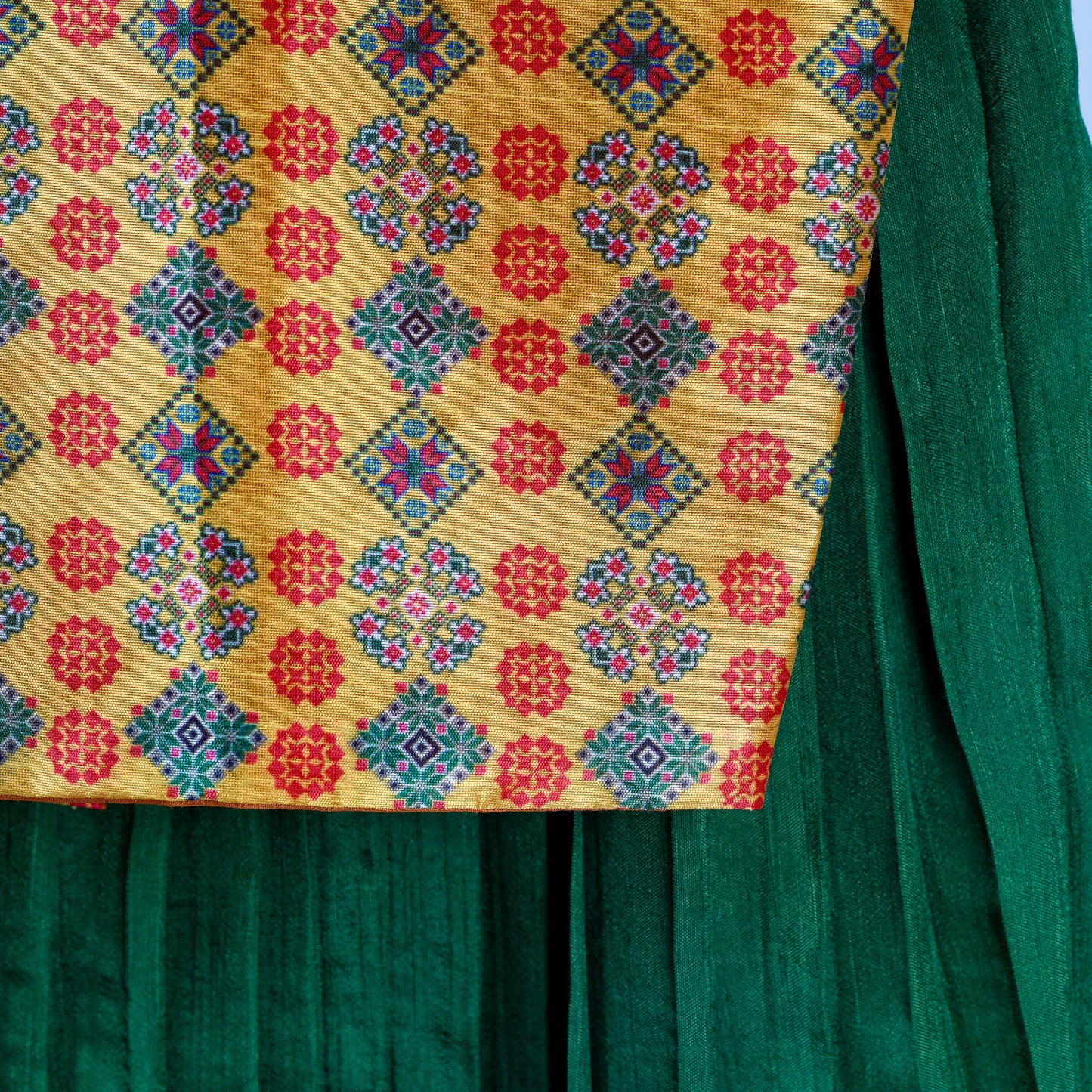 Yellow and Mehendi Green Festive Patola Silk Lehenga