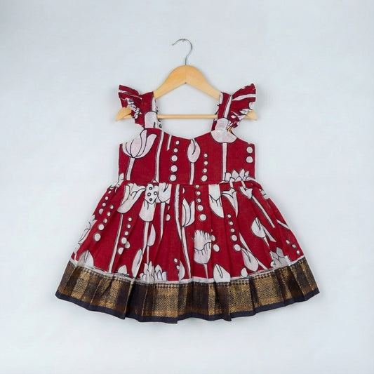 Dark maroon with white floral Kalamkari print frock