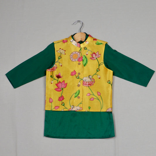 Yellow Pichwai Jacket Set with Green Kurta