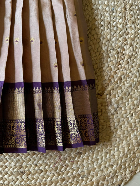 Chikoo Semi Silk Benarasi Frock with Meenakari Woven Butties & Purple Border