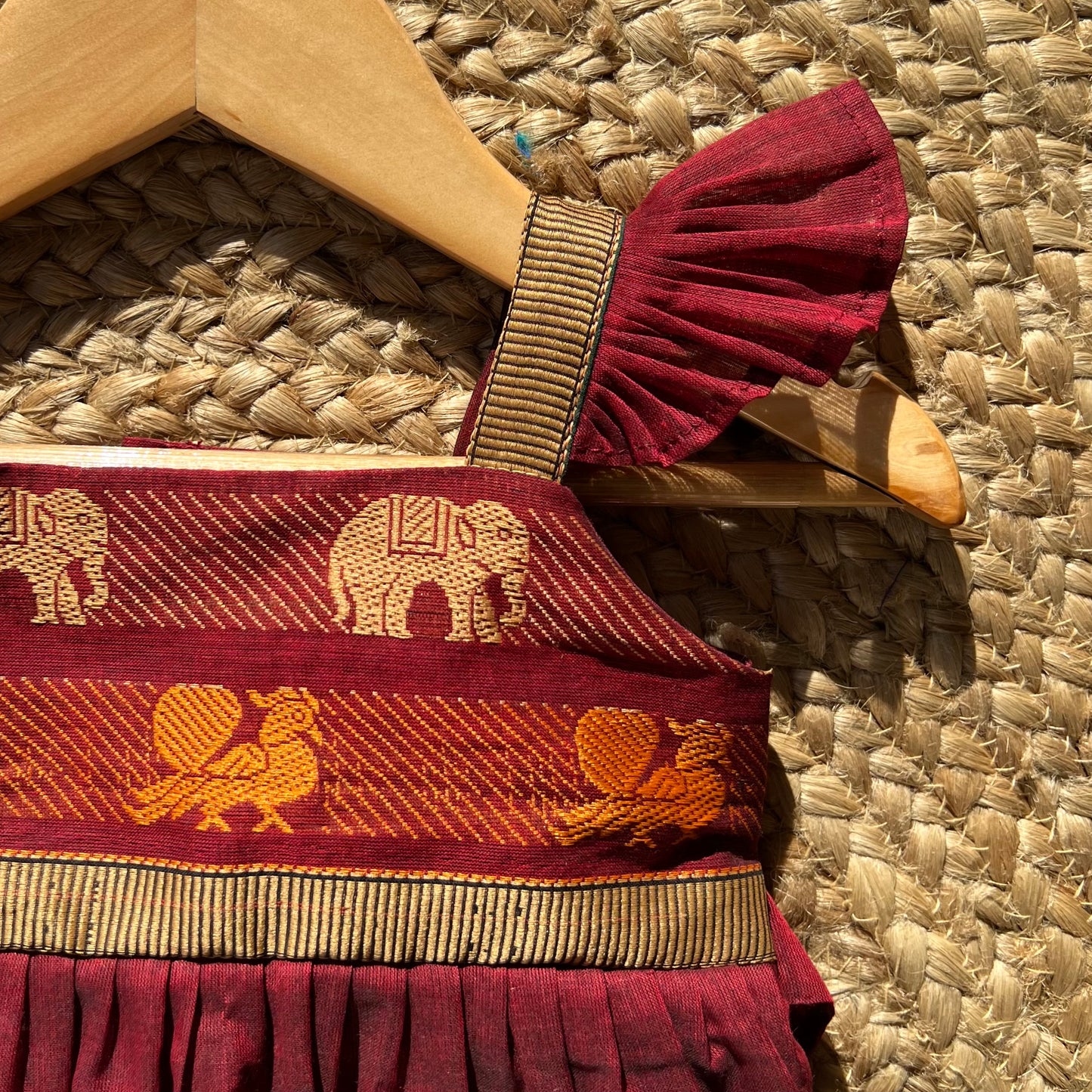 Elephant Print Maroon Ruffle Frock