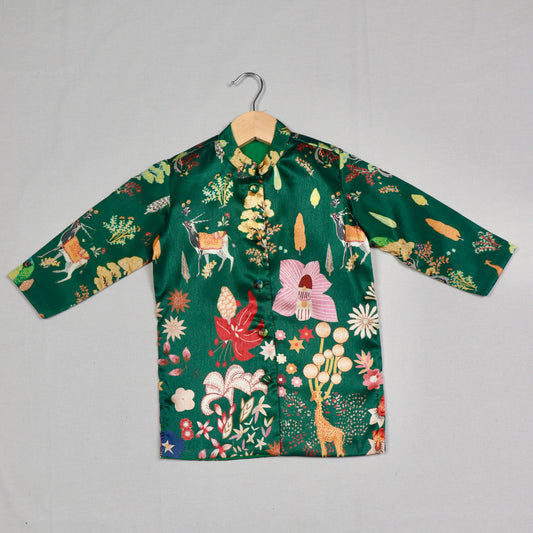 Bottle Green Printed Tussar Silk Kurta Set