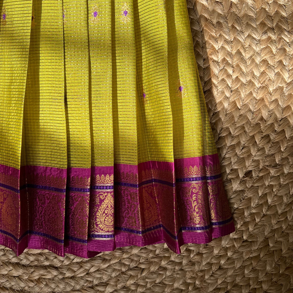 Parrot Green and Rani Pink Kanchi Silk Lehanga Set
