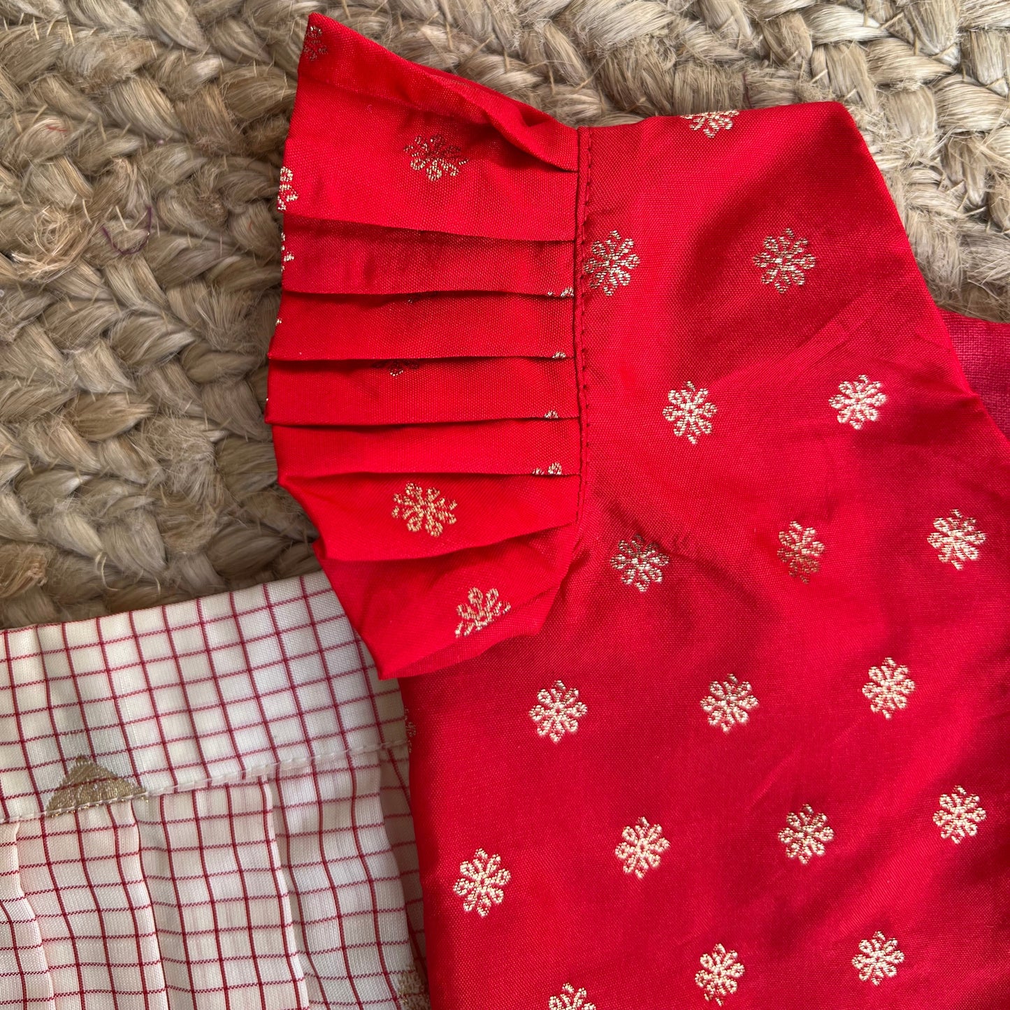 Ivory White & Crimson Red Gadwal Checks Lehenga Set