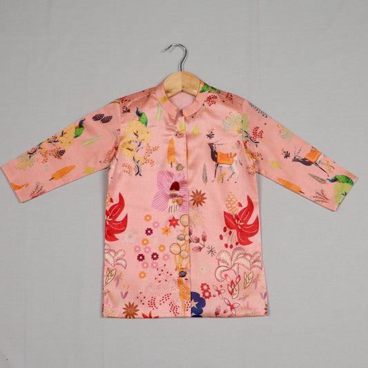 Peach Printed Tussar Silk Kurta Set