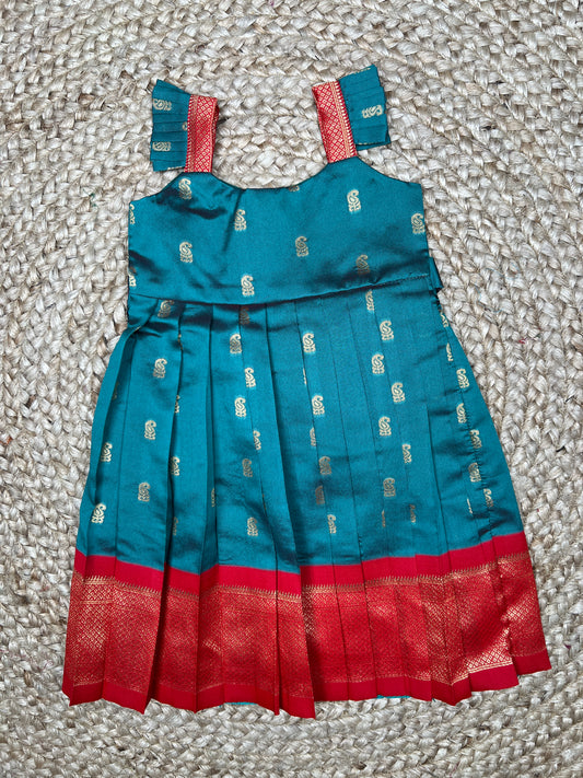 Teal Blue Paithani Pleated Frock