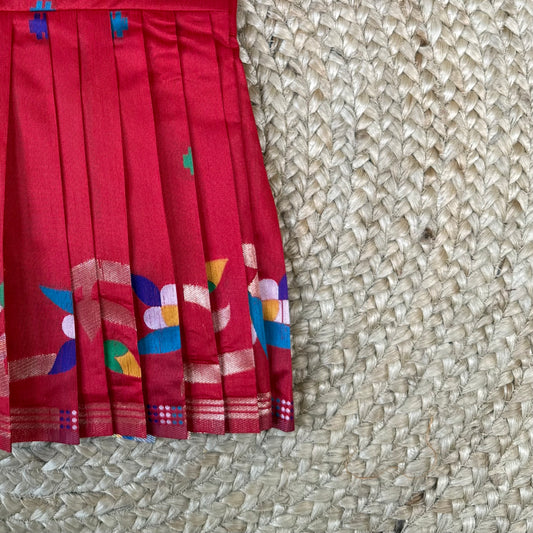 Red Khadi Raw Silk Frock with Meenakari Peacock Zari