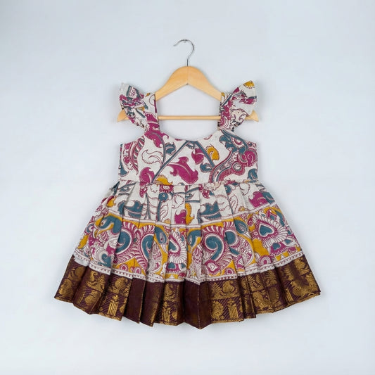 Cream multicolour printed Kalamkari print frock