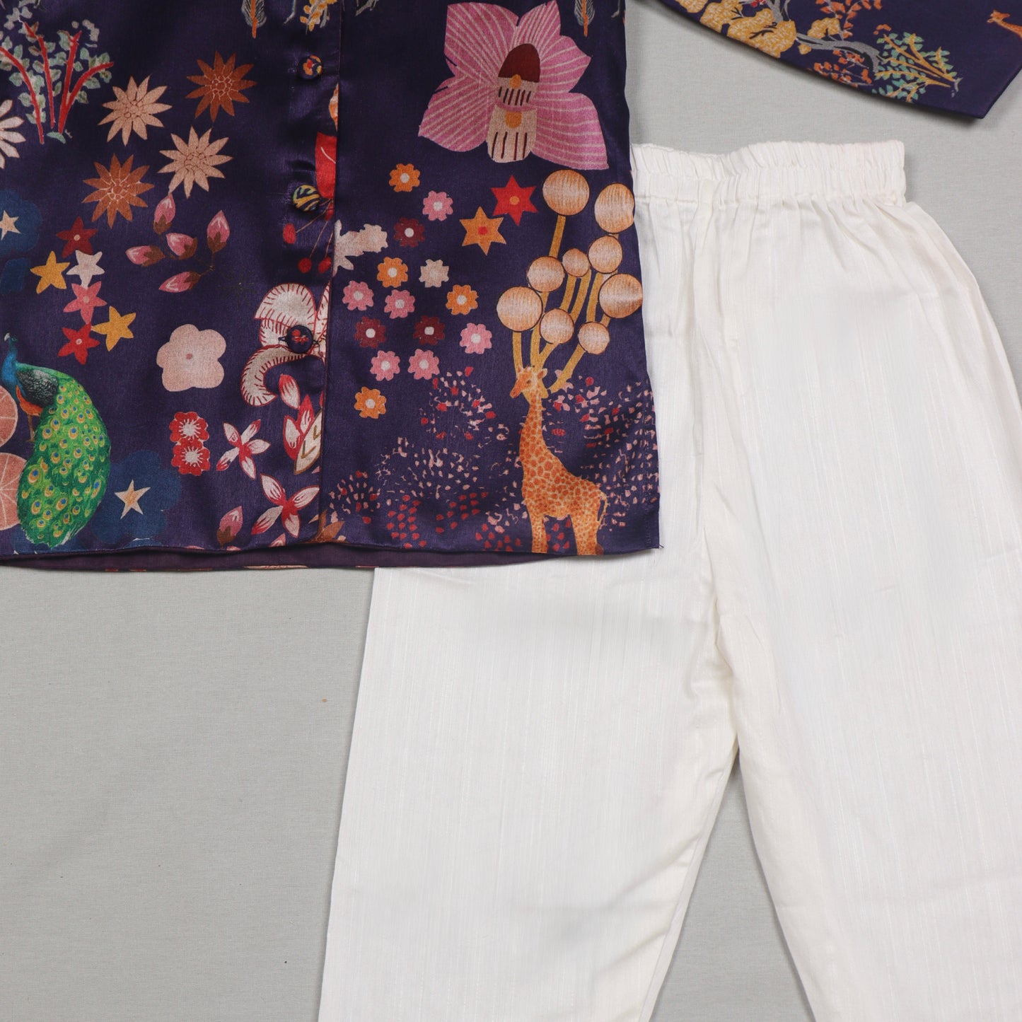 Navy Blue Printed Tussar Silk Kurta Set