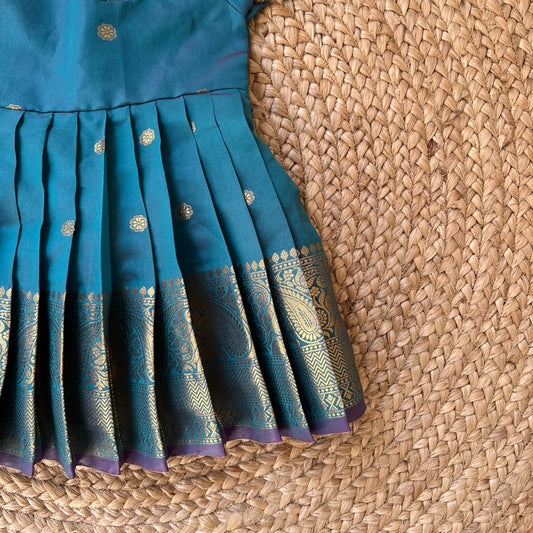 Peacock Green Benarasi Puff Sleeves Ethnic Frock