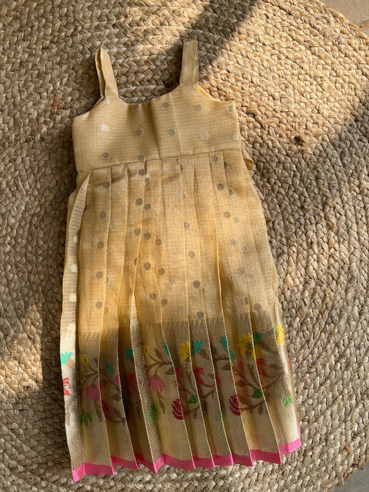 Beige Gold with Multicolour Floral Border & fluorescent Pink Jacket