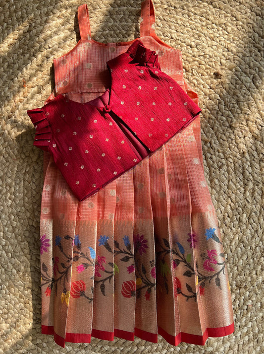 Peach with Multicolour Floral Weaving Kota Frock & Deep Red Jacket