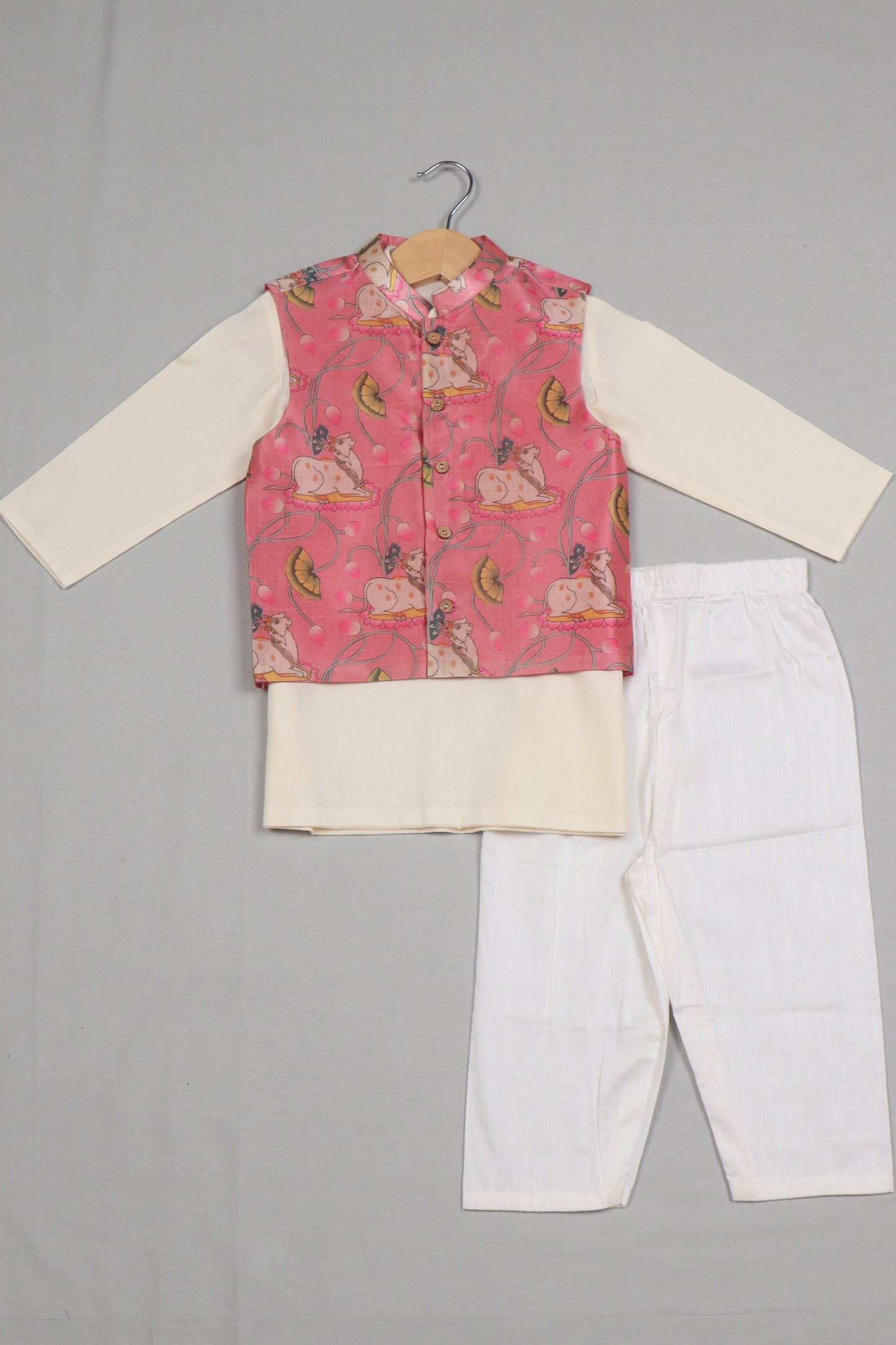 Pink Pichwai Jacket Set with Cream Kurta