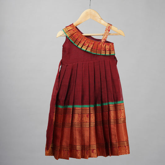 Maroon with Green Traditional Narayanapet Cotton Frock