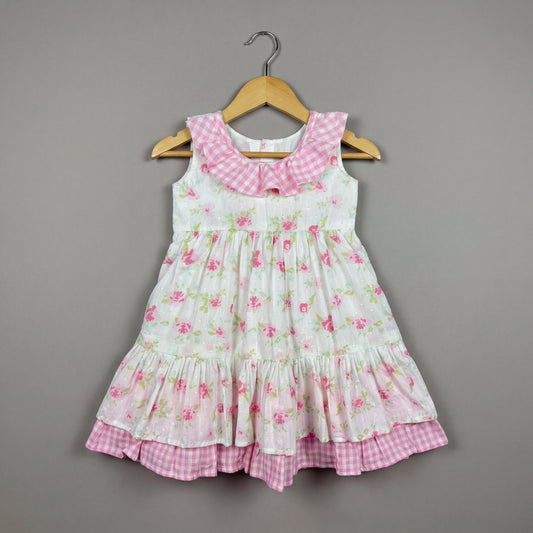 White with Pink Floral and Checks Frock