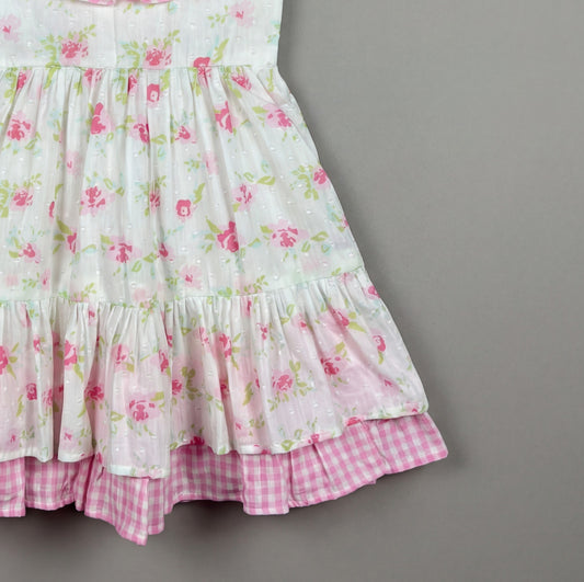 White with Pink Floral and Checks Frock