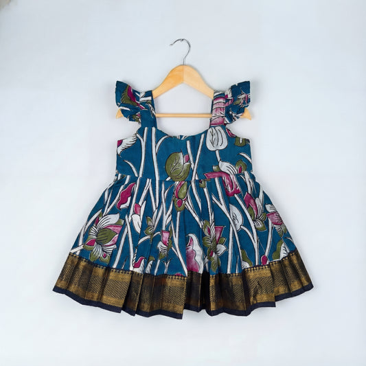 Teal blue with multicolour Kalamkari print Frock