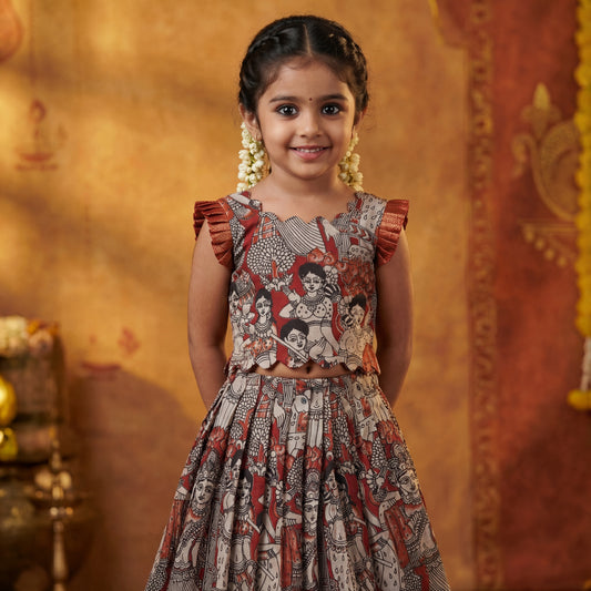 Rust Maroon Kalamkari Lehenga Set in Chennur Silk with Nizam Border