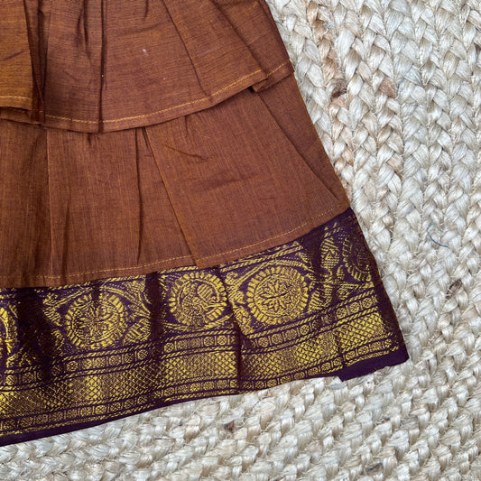 Brown Maroon Silk Ethnic Frock with Gold Zari Border