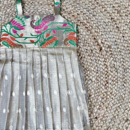 Ivory Silver Silk Ethnic Frock with Printed Yoke