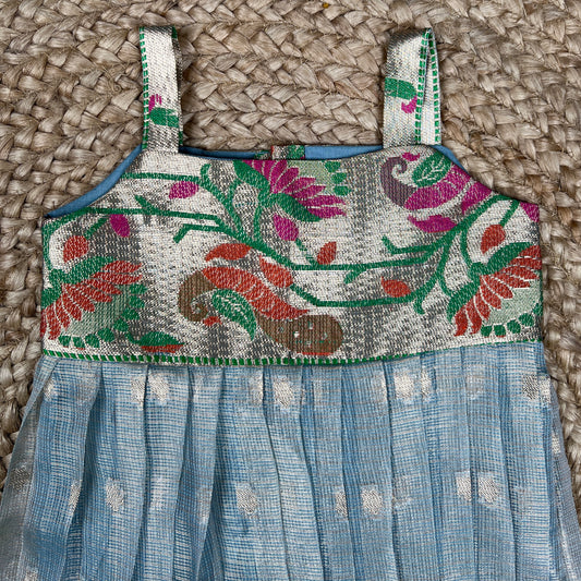 Powder Blue Silk Ethnic Frock with Printed Yoke