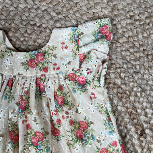 Ivory Floral Hakoba Cotton Frock