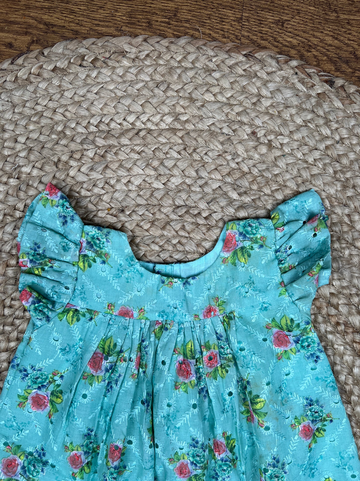 Aqua Blue Floral Hakoba Cotton Frock