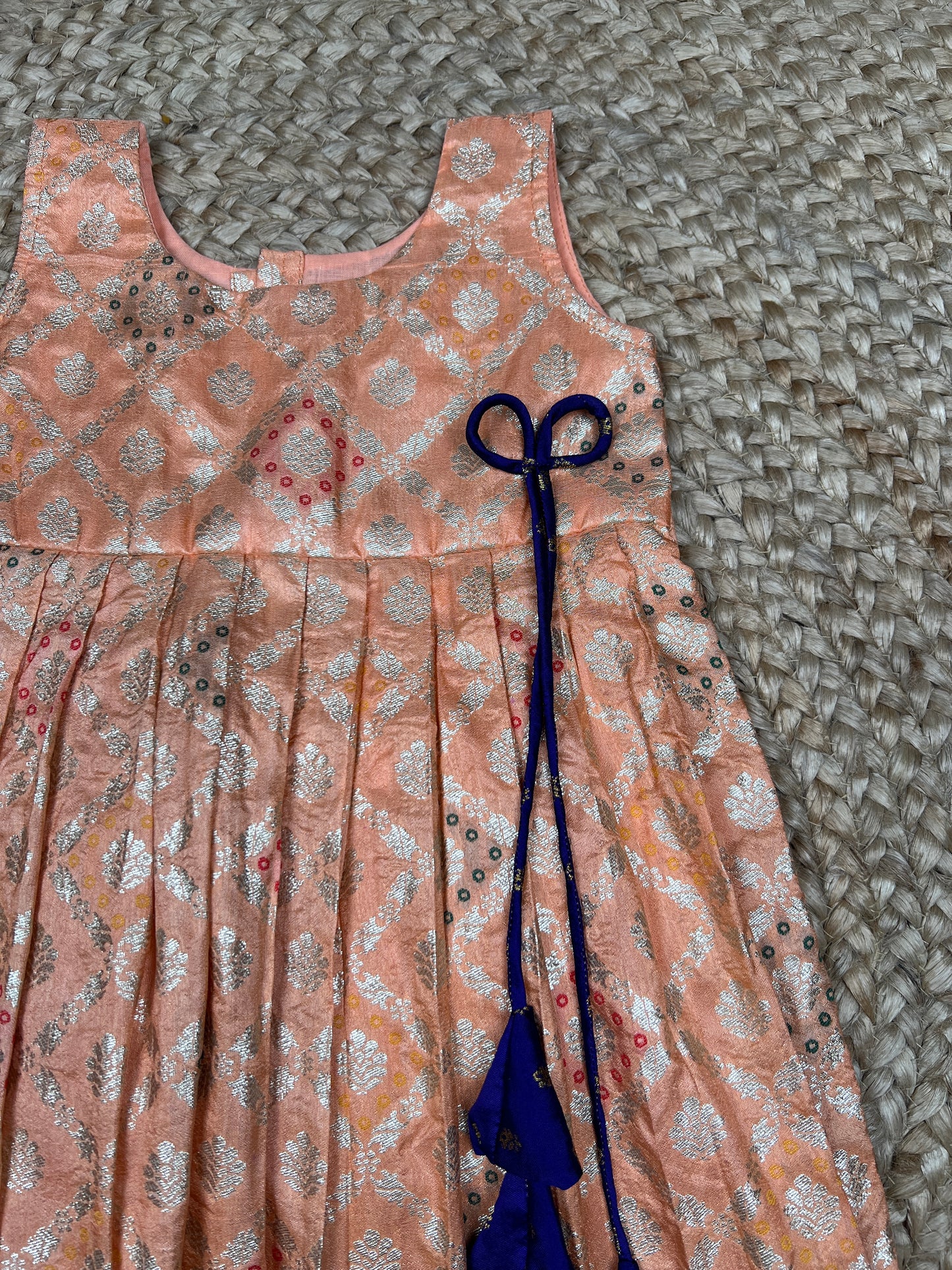 Peach Brocade Silk Ethnic Frock with Tassel Tie-Up