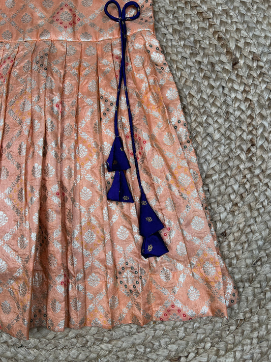 Peach Brocade Silk Ethnic Frock with Tassel Tie-Up