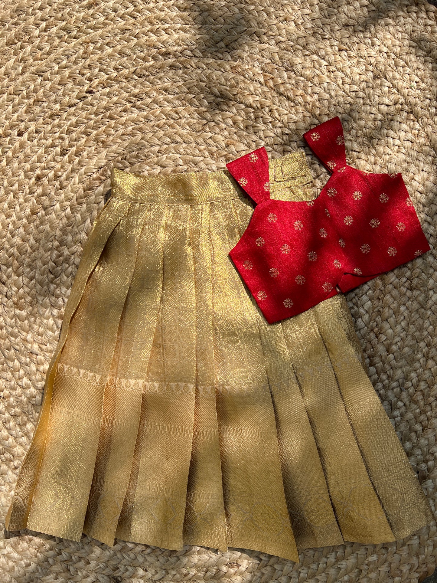 Festive Gold Tissue and Red Lehenga Set
