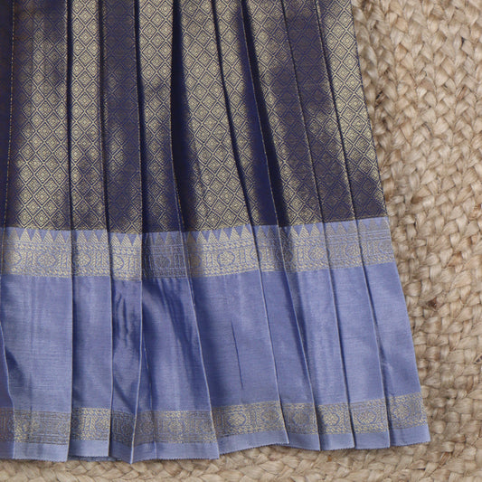 Navy Blue Brocade Silk Frock with Sky Blue Border