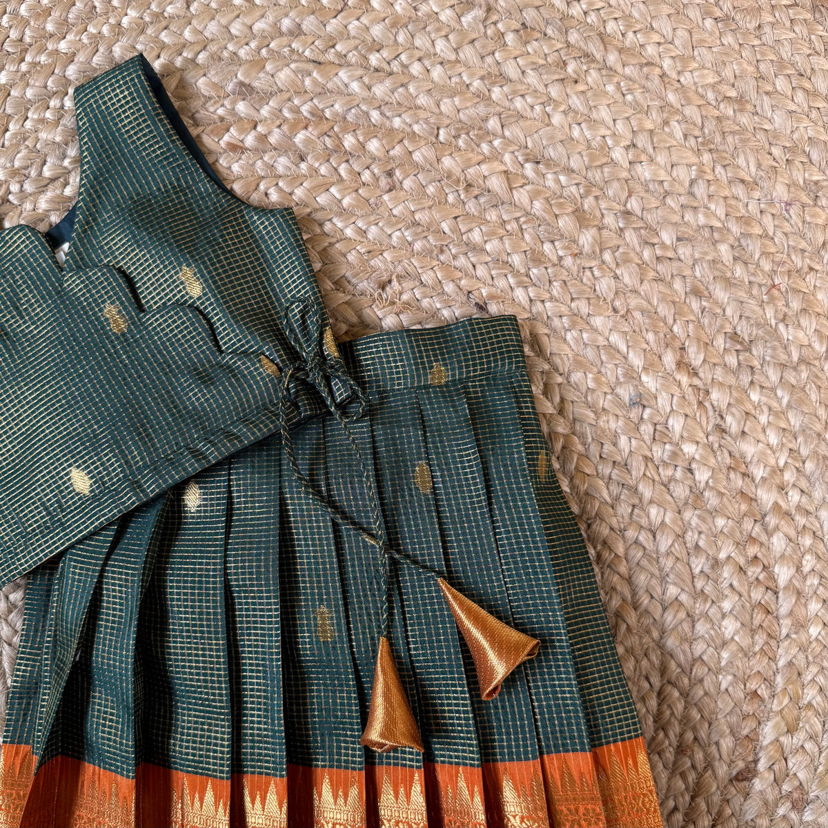 Dark Green With Rich Orange border Semi Kanchi Silk Zari Lehenga for Girls | TasselTales