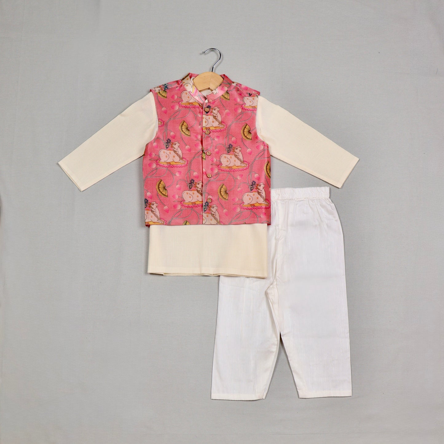 Pink Pichwai Jacket Set with Cream Kurta
