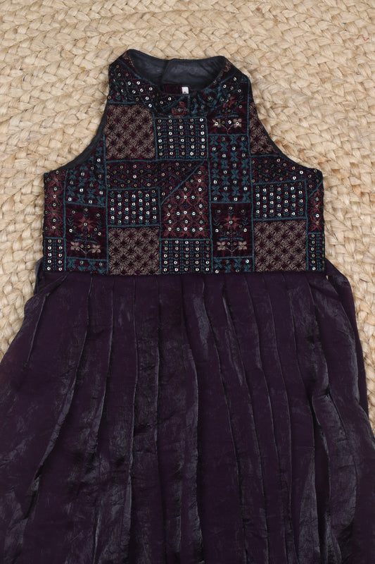 Deep Plum Silk Ethnic Frock with Embroidered Patchwork Yoke