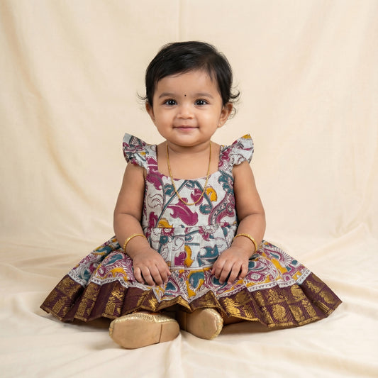 Cream multicolour printed  Kalamkari print frock