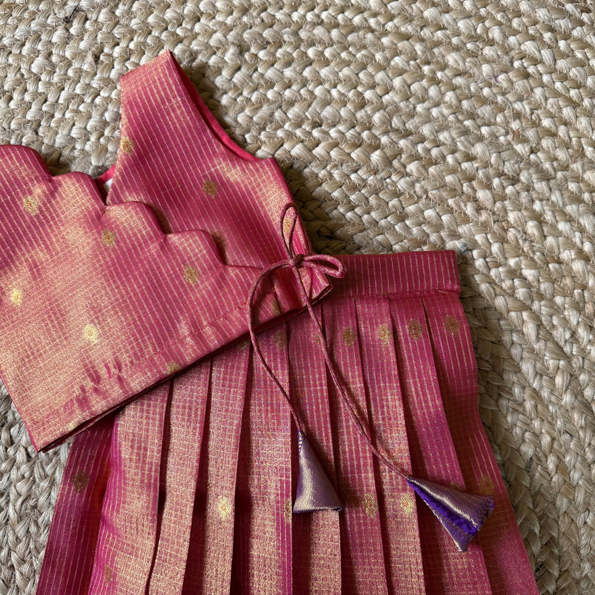 Orange Pink Tissue semi silk lehenga set with contrast purple border