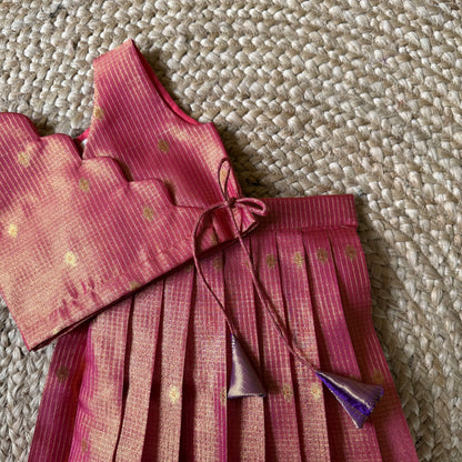 Orange Pink Tissue semi silk lehenga set with contrast purple border