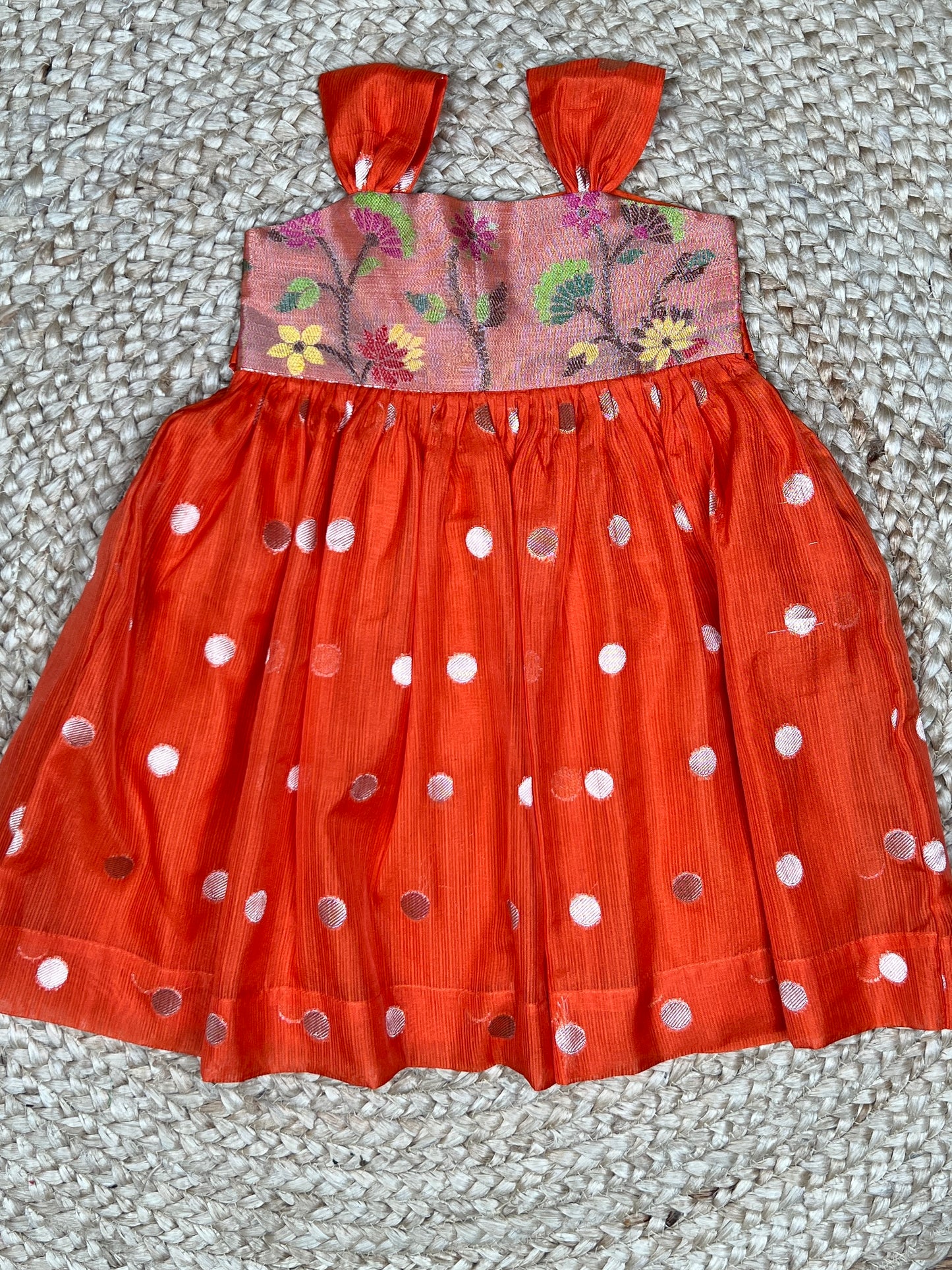Rust Orange Silk Ethnic Frock with Printed Yoke