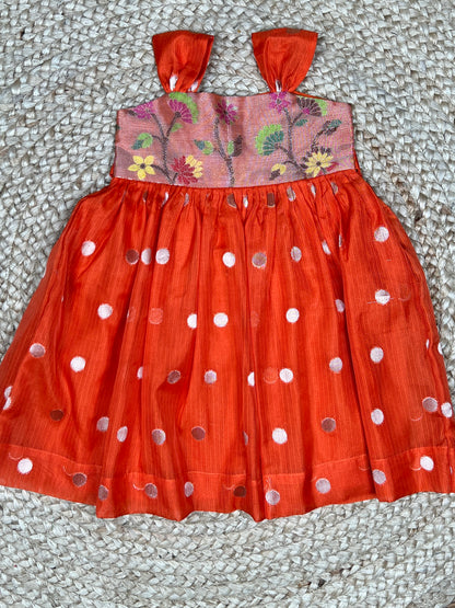 Rust Orange Silk Ethnic Frock with Printed Yoke
