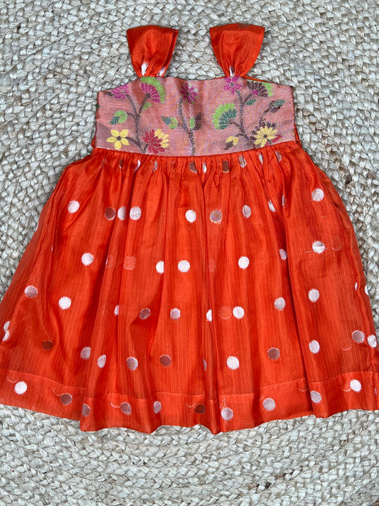 Rust Orange Silk Ethnic Frock with Printed Yoke