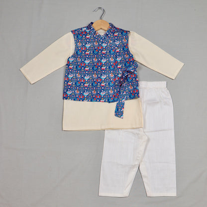 Cream Kurta With Blue Patola Tie-Up Jacket