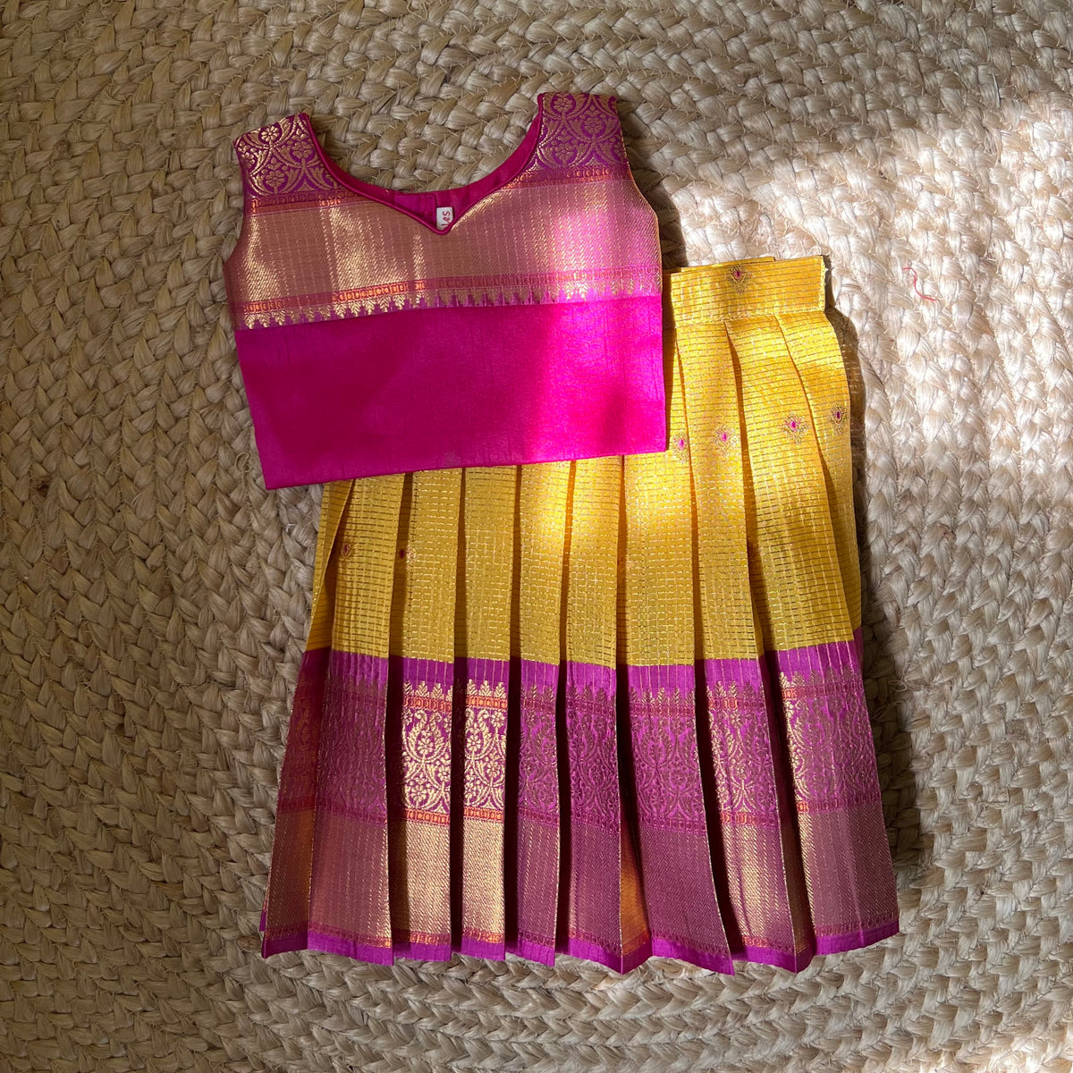 Yellow and Pink Kanchi Silk Lehanga Set