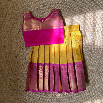 Yellow and Pink Kanchi Silk Lehanga Set
