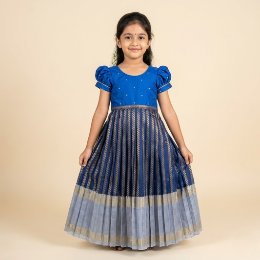 Royal Blue Benarasi Silk Ankle-Length Festive Dress with Puff Sleeves