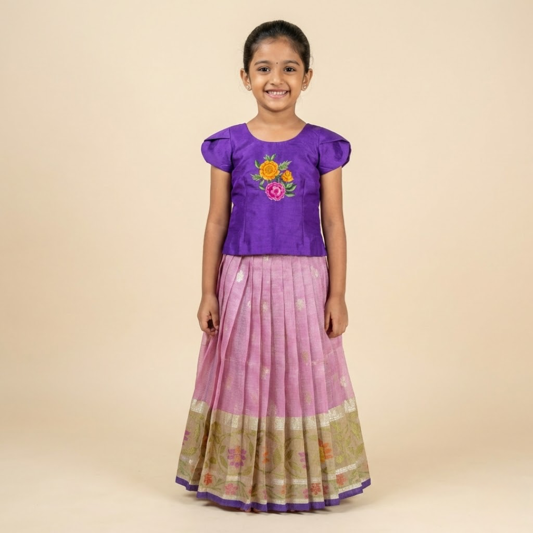Rose Pink and Lavender Zari Kota Festive Lehenga with Embroidered Blouse