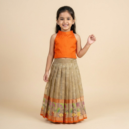 Grey and Festive Orange Zari Kota Festive Lehenga with halter neck blouse