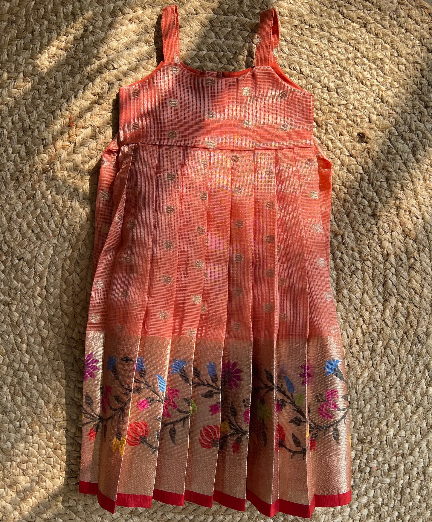 Peach with Multicolour Floral Weaving Kota Frock & Deep Red Jacket
