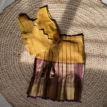 Traditional Mustard and Brown Scallop Tissue Lehanga Set
