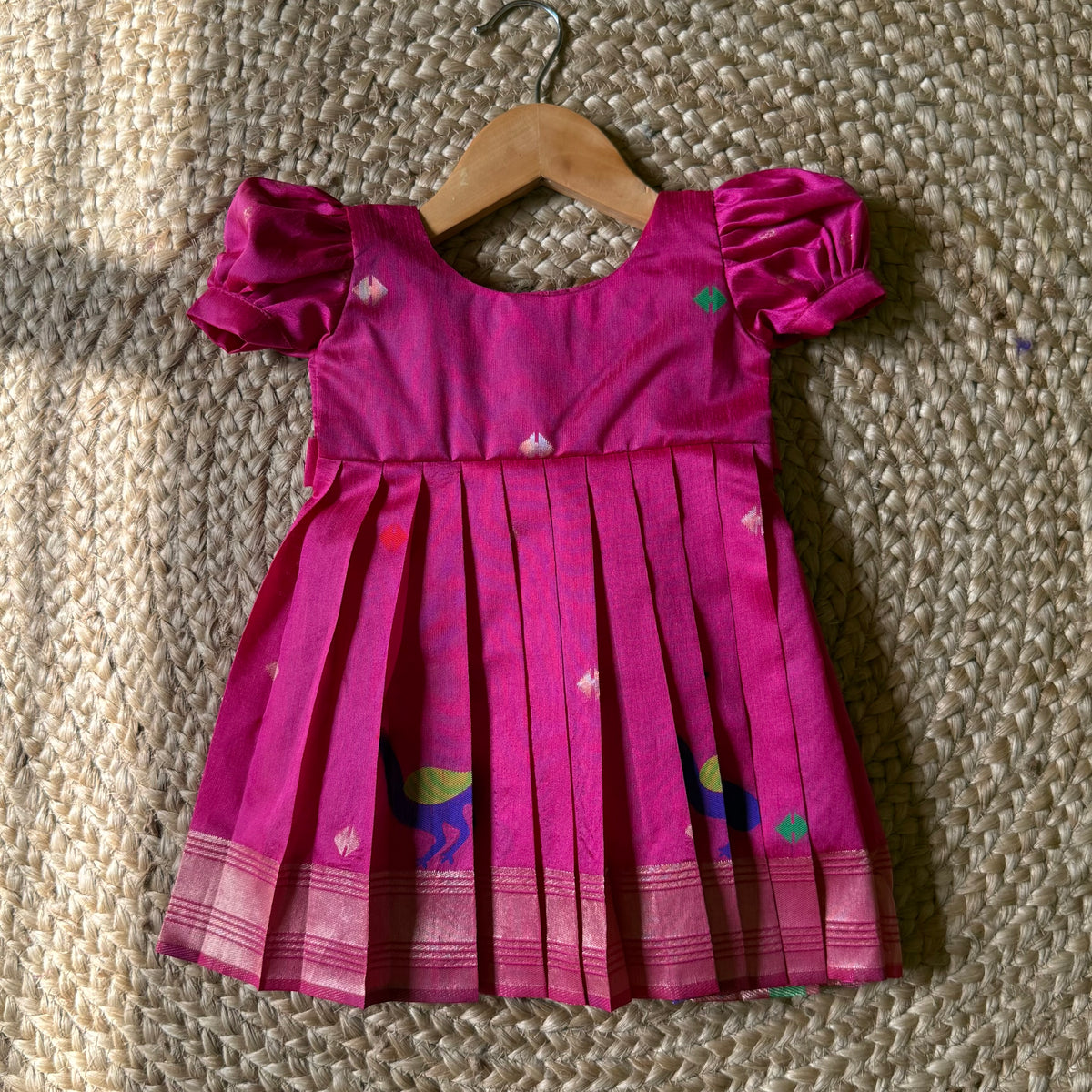 Magenta Khadi Raw Silk Girls Frock with Meenakari Peacock Zari
