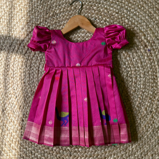 Magenta Khadi Raw Silk Girls Frock with Meenakari Peacock Zari